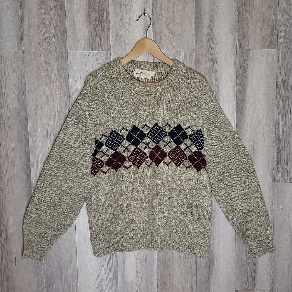 Winona Knits Mens Large Vintage Wool‎ Argyle Knit Sweater USA Cottagecore